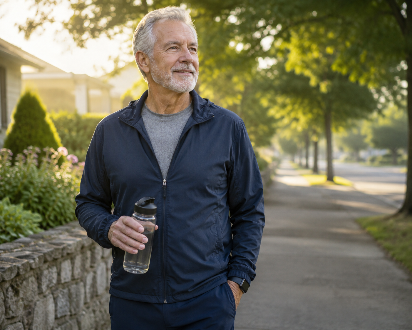Active senior man walking outdoors in morning light